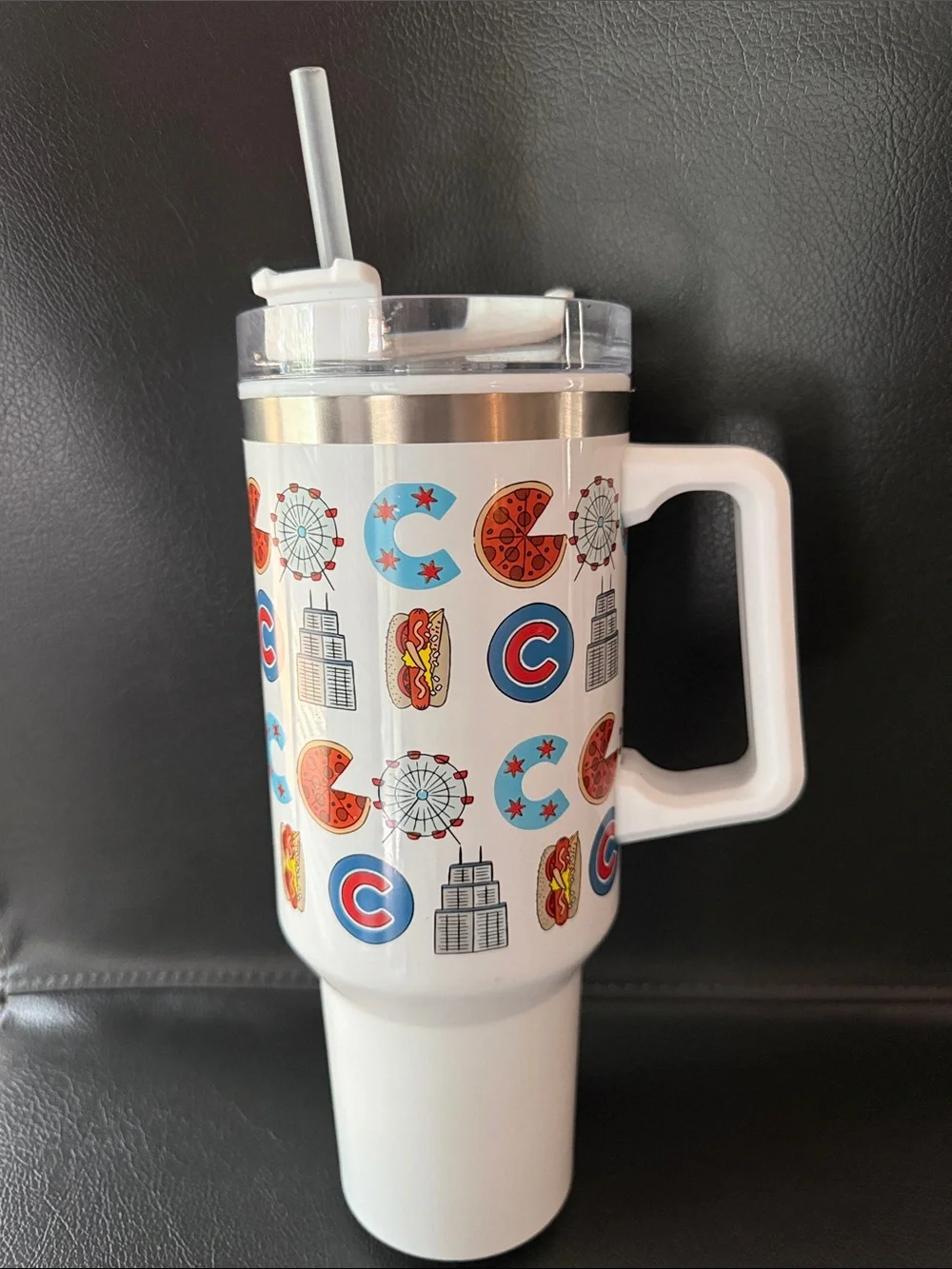 Chicago-Themed White Travel Tumbler with Straw